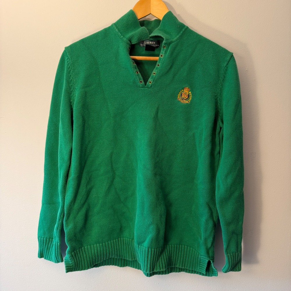 Lauren Ralph Lauren Green Cotton Knit Crest Logo Grommet V-Neck Sweater Womens M